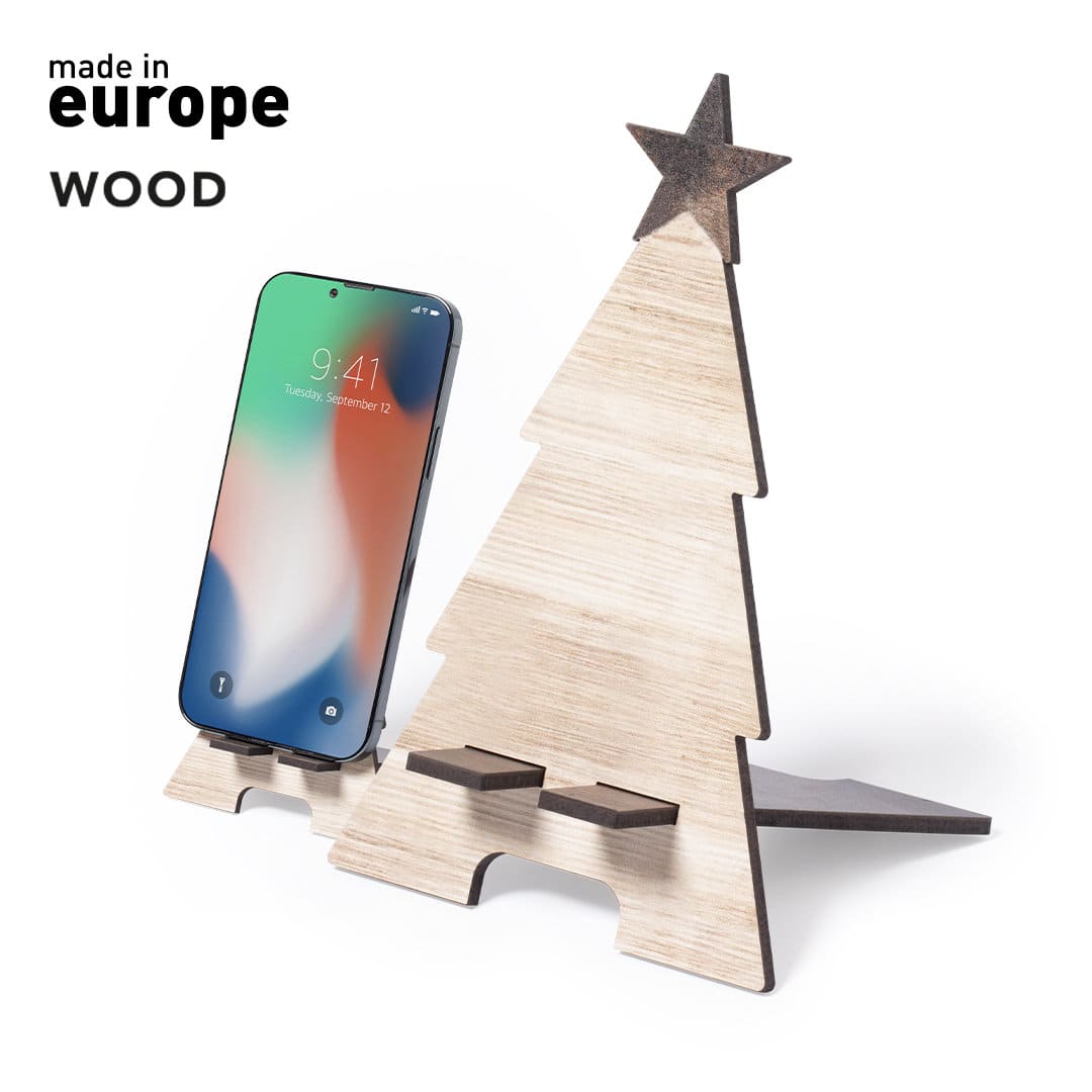 A wooden phone stand shaped like a Christmas tree, featuring a star on top and a space for a mobile device. Irise Holder - Image 1