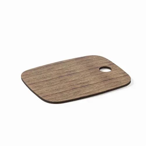 A wooden cutting board with a smooth finish and a hole for hanging, showcasing a rich brown colour. Cyntiax - Image 1