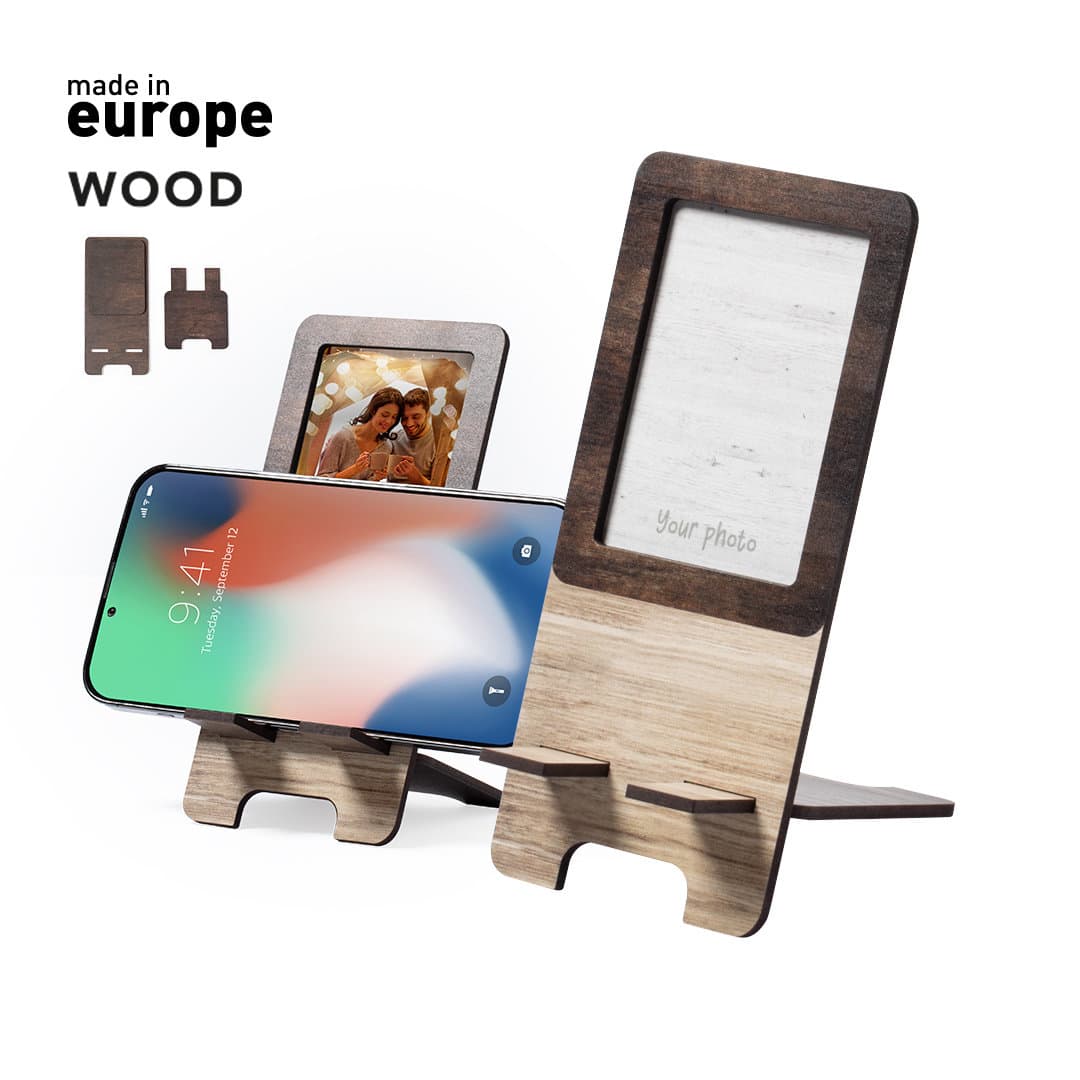 A wooden photo frame holder in light and dark wood tones, designed for displaying photos and smartphones. Vappe Photo Frame Holder - Image 1