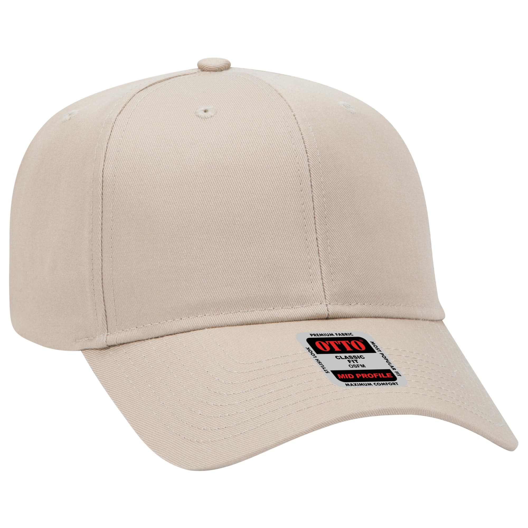 A beige 6 panel baseball cap featuring a curved brim and a logo, ideal for casual headwear. 6 Panel Mid Profile Baseball Cap - Image 1
