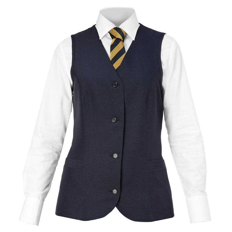 A navy vest with a button front, paired with a white shirt and a striped tie, featuring a logo. Rosita Vest - Image 1