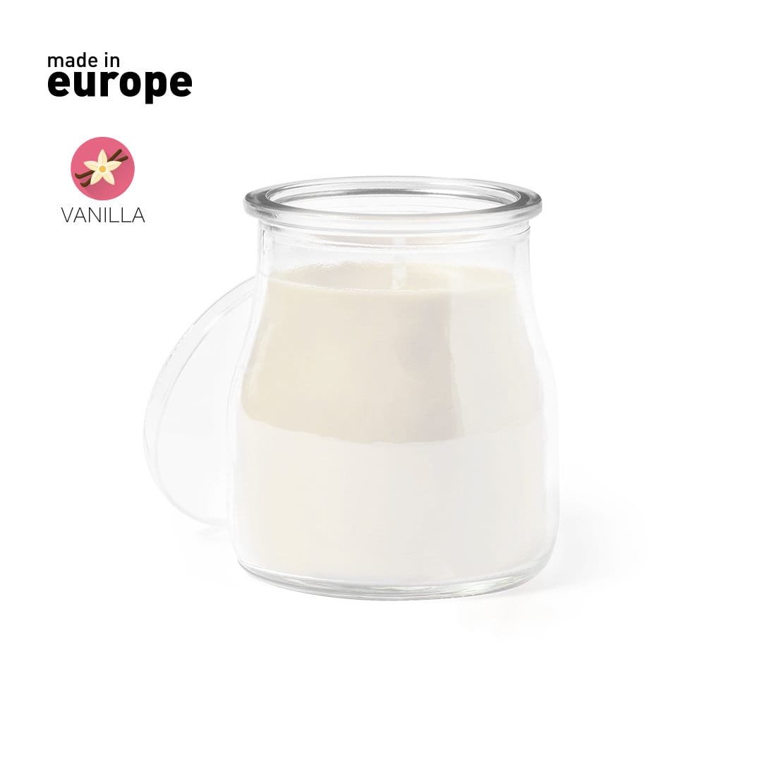 A glass jar candle filled with white wax, featuring a vanilla scent, with a simple handle design. Saicer Aromatic Candle - Image 1