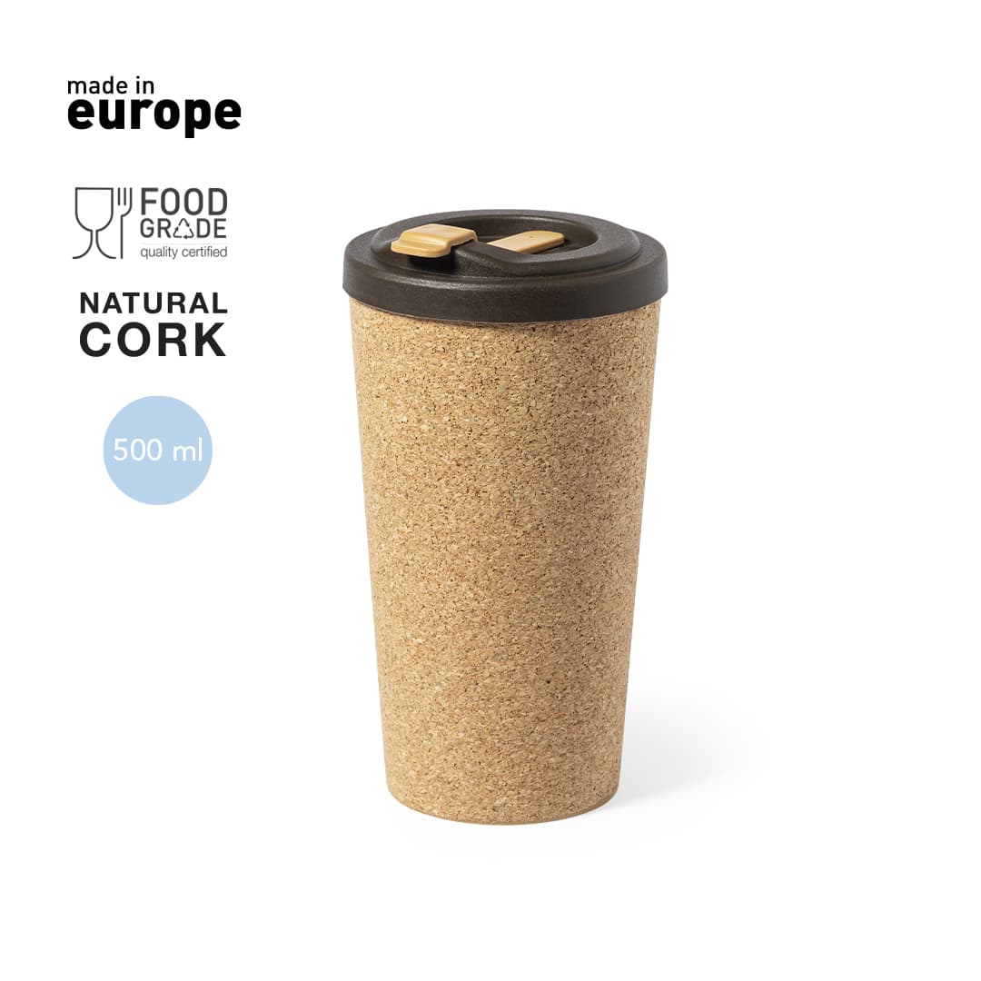 A drink bottle with a natural cork exterior and a black lid, featuring a logo, designed for travel. Borio Insulated Cup - Image 1