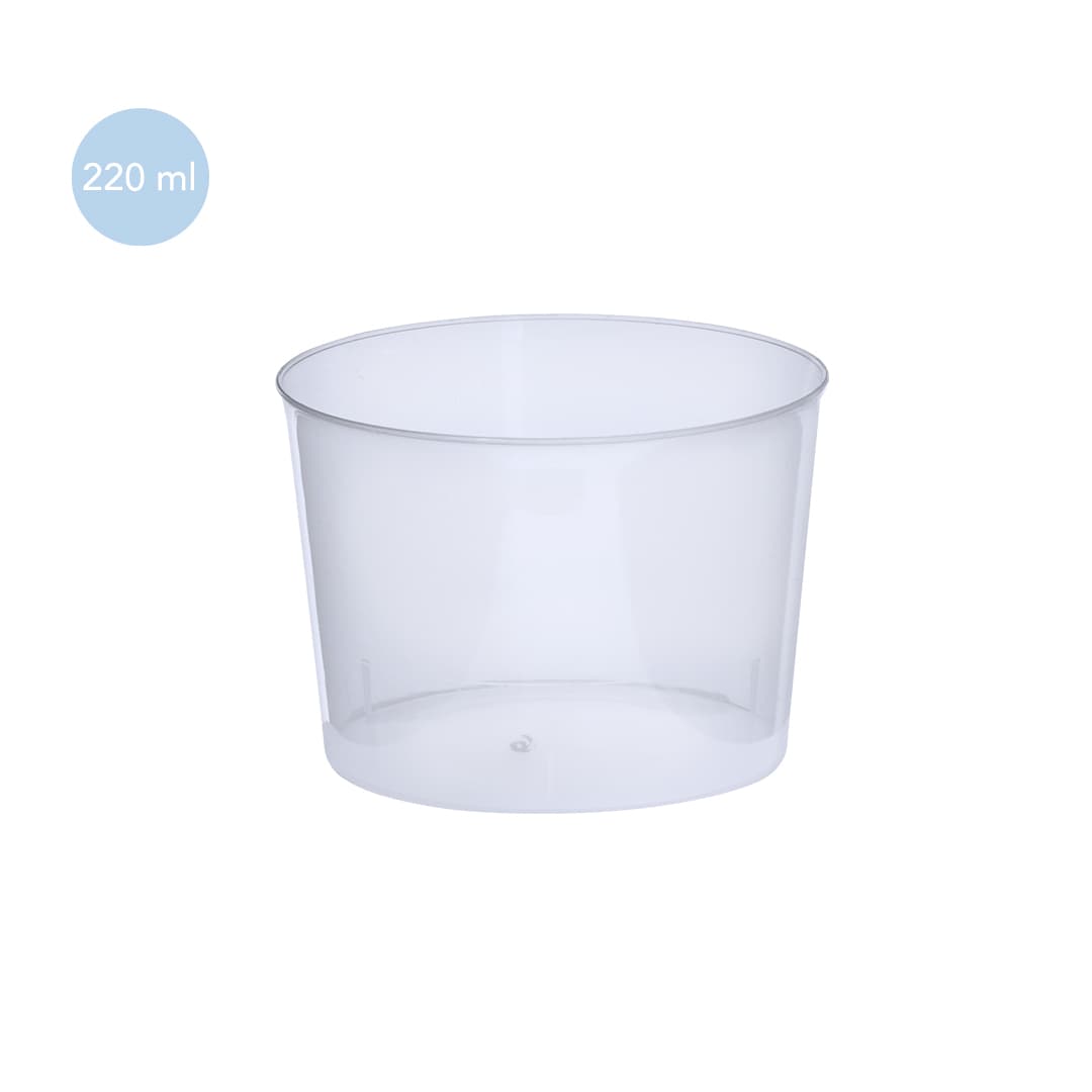 A plastic cup, transparent, with a capacity of 220 ml, featuring a logo on the side. Chiquito Cup - Image 1