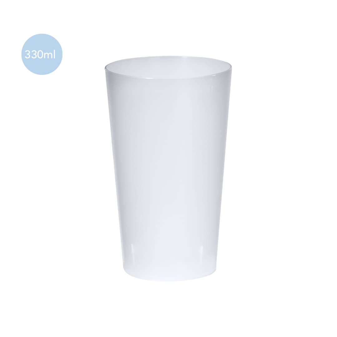 A plastic cup in white with a capacity of 330ml, featuring a logo. Coxtu Cup - Image 1