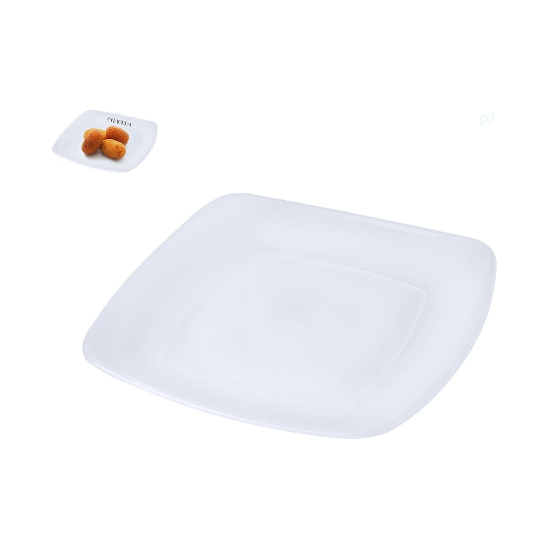 A square white plate with a glossy finish, accompanied by a smaller square dish holding food. Hisnak Plate - Image 1