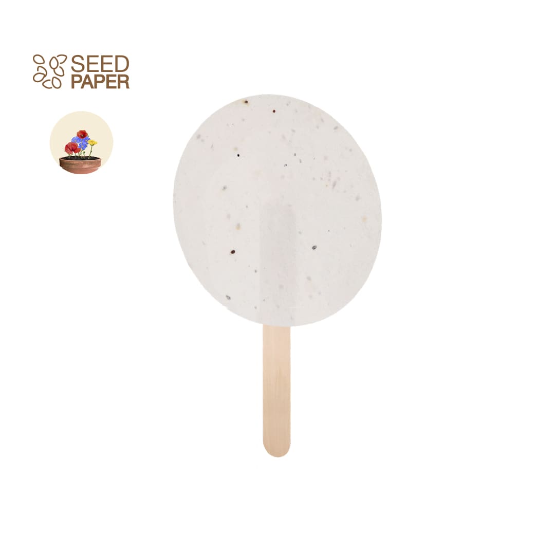 A plantable pai pai in white seed paper with a wooden stick, featuring speckles of colour. Includes a logo at the top. Luluar Plantable Pai Pai - Image 1