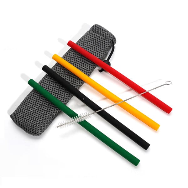 A set of five silicone drinking straws in red, yellow, black, and green, with a cleaning brush and a grey pouch. Promotional Silicone Straw Set With Pouch - Image 1