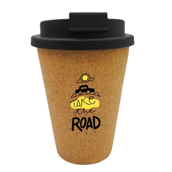 A reusable cork coffee cup in tan with a black lid, featuring a design and logo. 16 oz. Reusable Cork Cover Coffee Cup - Image 1