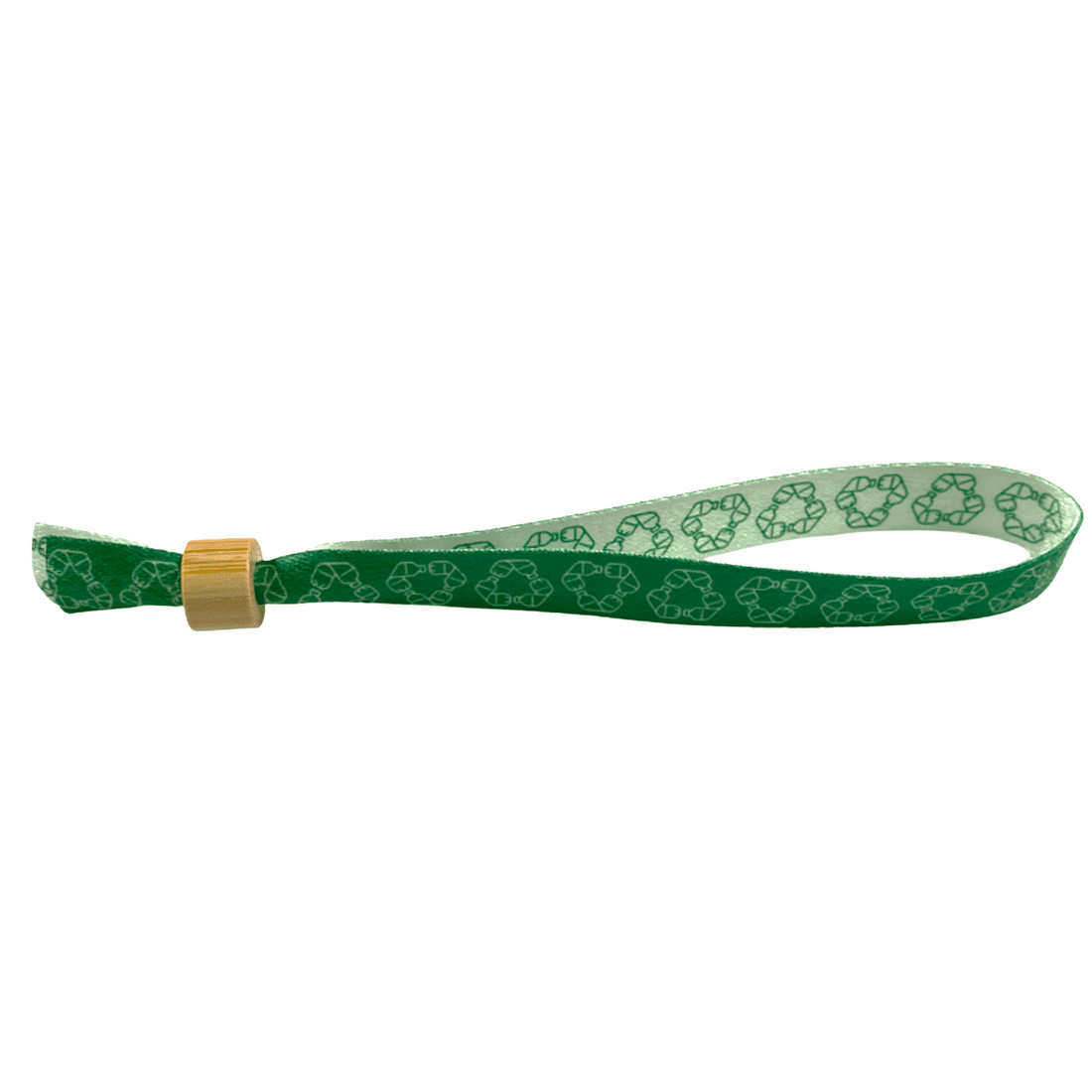 Green rPET festival wristband featuring a recycling symbol pattern and a wooden clasp. rPET Festival Wristband - Image 1