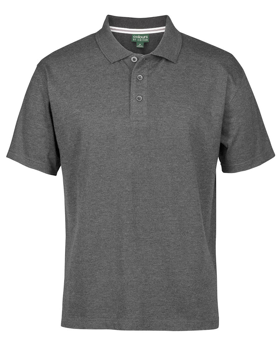 A grey polo shirt featuring a classic collar, short sleeves, and three-button placket, with a logo. C of C Jersey Polo - Image 1