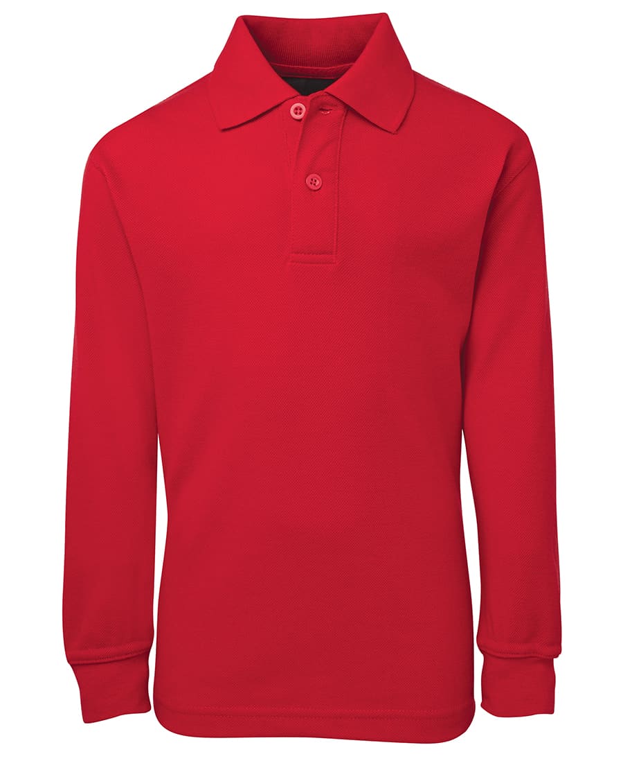 A red long-sleeve polo shirt with a collar and buttons, featuring a logo on the chest. JB's Kids L/S 210 Polo - Image 1