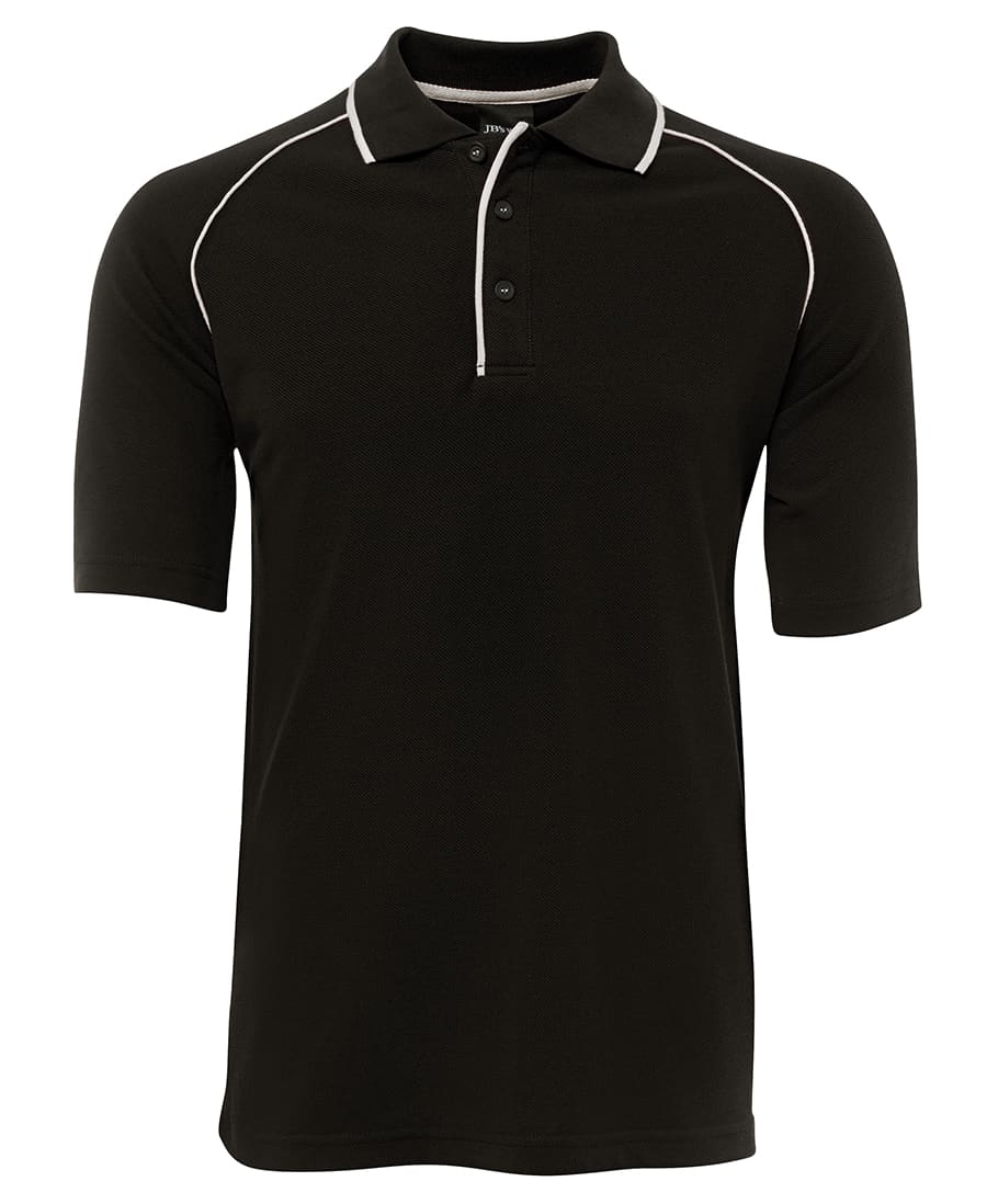 A black raglan polo shirt featuring short sleeves and a contrasting trim. It has a logo on the collar. JB's Raglan Polo - Image 1
