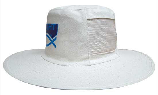 A white canvas hat with vents and a blue logo on the front. It features a wide brim for sun protection. Canvas Hat with Vents - Image 1