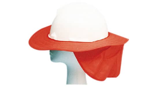 A hard hat featuring a white dome and a red brim with a neck flap, displayed on a mannequin head. Hard Helmet Hat Brim - Image 1