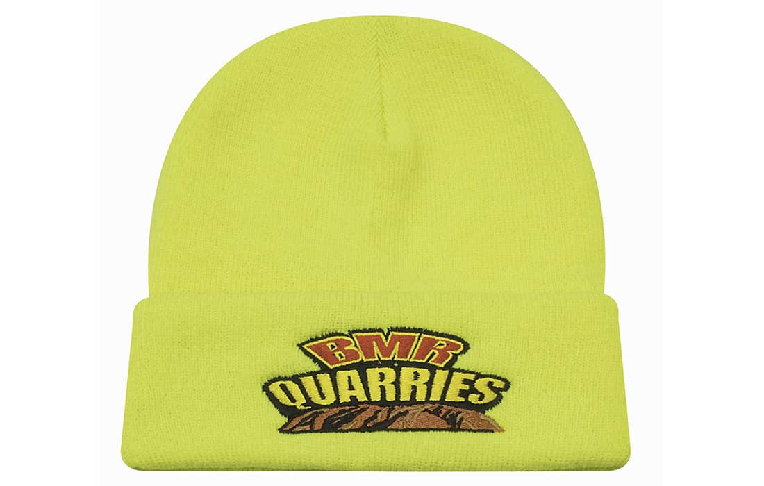 A luminescent yellow beanie with a logo and a folded cuff. Luminescent Safety Acrylic Beanie - Toque - Image 1