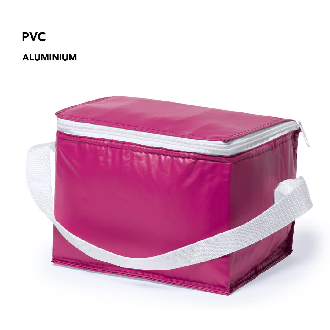A pink cooler bag with a white zip and strap, made from PVC and aluminium materials. Coolcan Cool Bag - Image 1