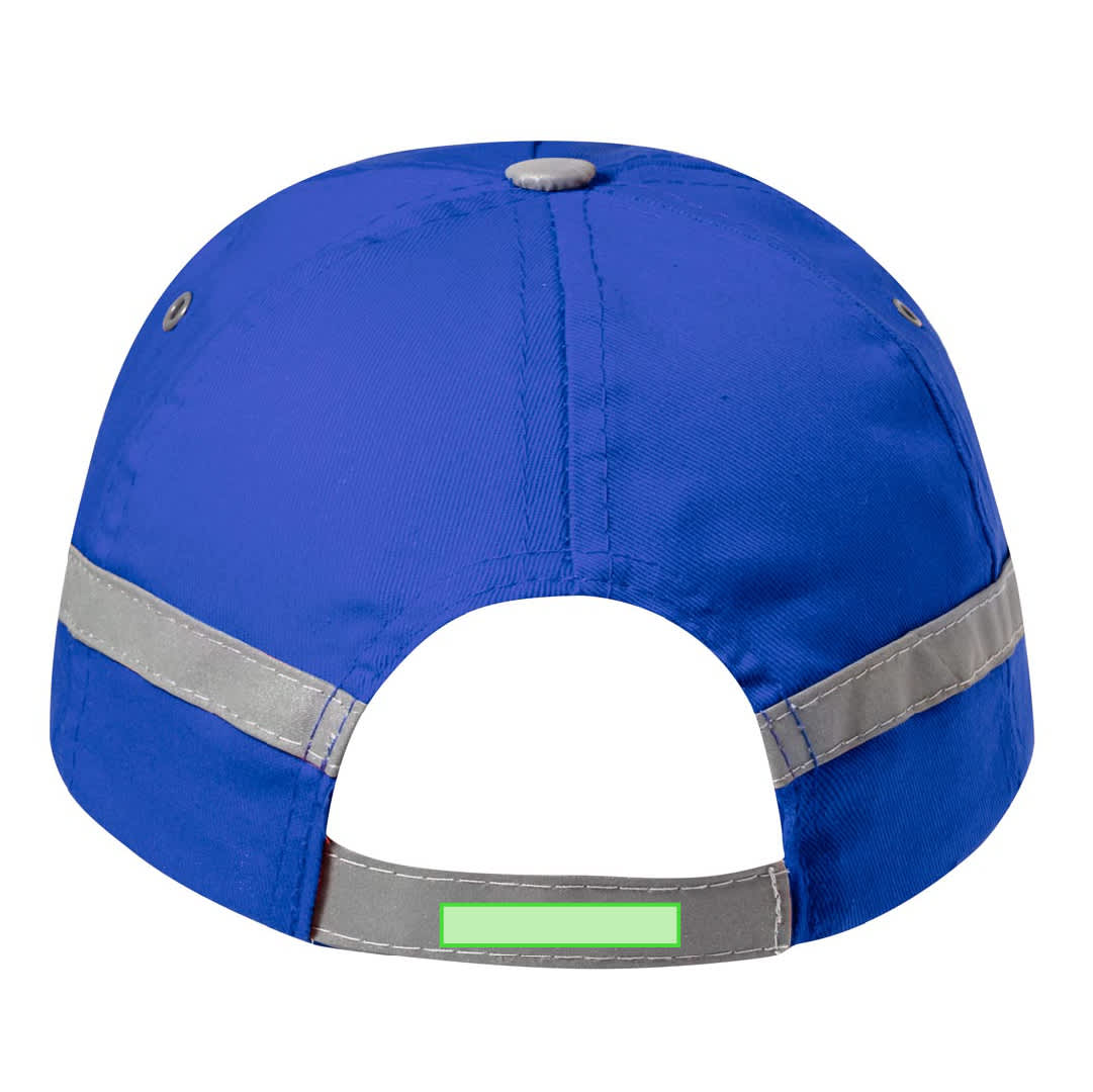 A blue cap with reflective silver stripes and a button on top, featuring a panel for adjustment at the back. Tarea Cap - Image 1
