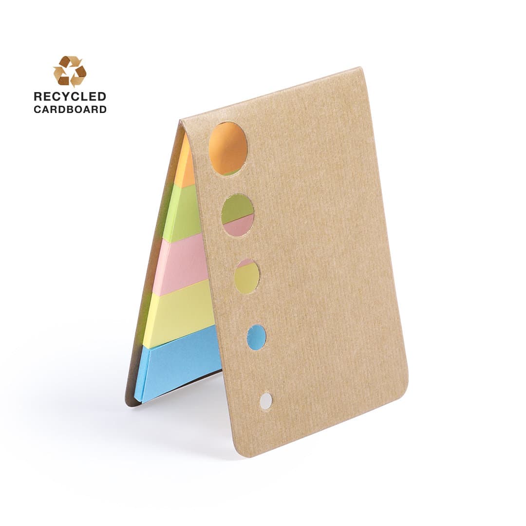 A sticky notepad with various pastel-coloured sheets, presented in a recycled cardboard cover featuring a circular cutout design. Zinko Sticky Notepad - Image 1