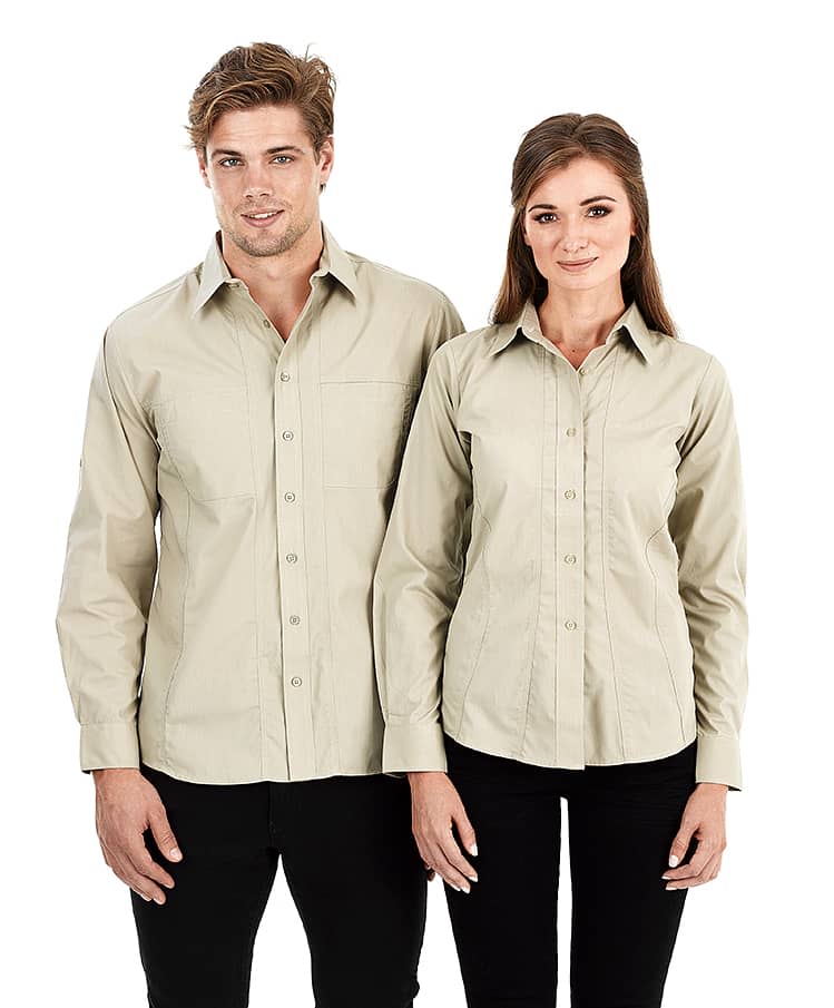 Aston men's long sleeve button-up shirt in a light beige colour, modelled by a man and a woman. Aston - Mens Long Sleeve Shirt - Image 1