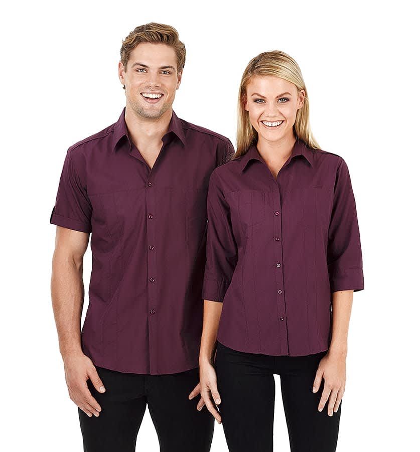 A dark burgundy button-up shirt in short sleeves for men, paired with a similar style for women. Both feature a logo. Murray - Mens Short Sleeve Shirt - Image 1