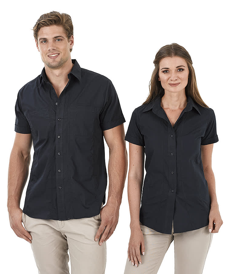 Aston men's and women's short sleeve button-up shirts in navy, featuring a logo and two front pockets. Aston - Ladies Short Sleeve Shirt - Image 1