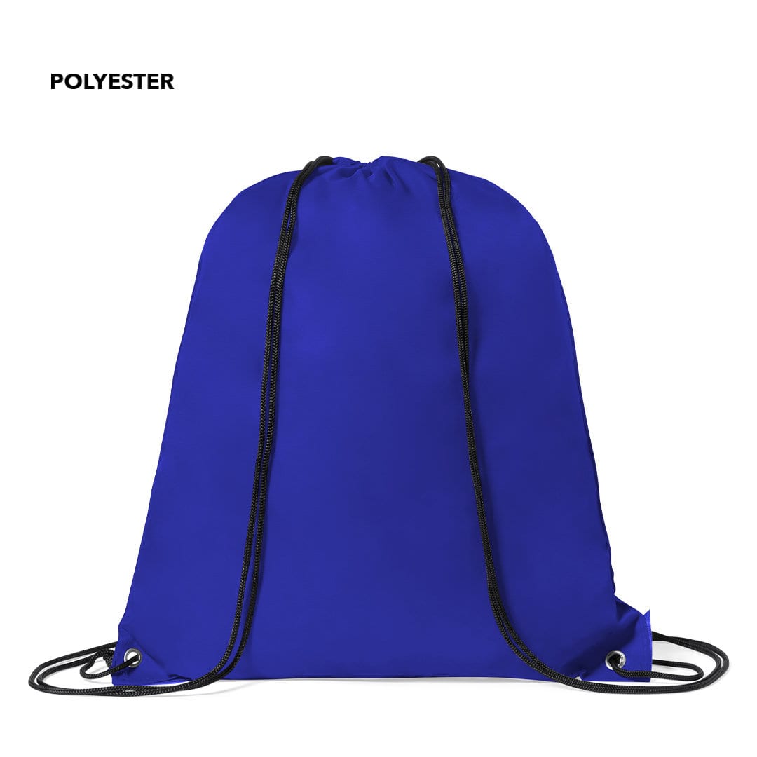 A blue drawstring bag made of polyester, featuring black drawstrings and eyelets. It has a simple design. Spook Drawstring Bag - Image 1