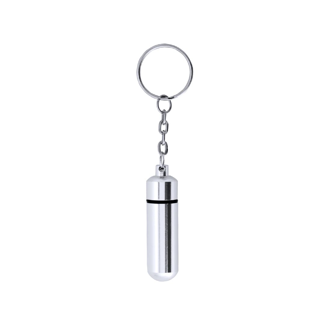 A silver keyring pillbox with a cylindrical design and a keychain attachment. Alumpill Keyring Pillbox - Image 1