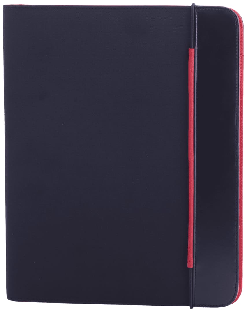 A black folder with red accents, featuring a sleek design and an elastic closure. It has a branding logo. Mokai Folder - Image 1