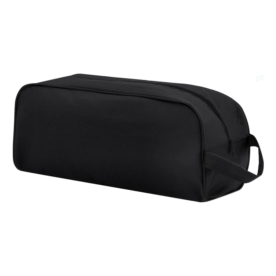 A black shoe bag with a zip closure and a side handle, featuring a logo on the surface. Pirlo Shoe Bag - Image 1