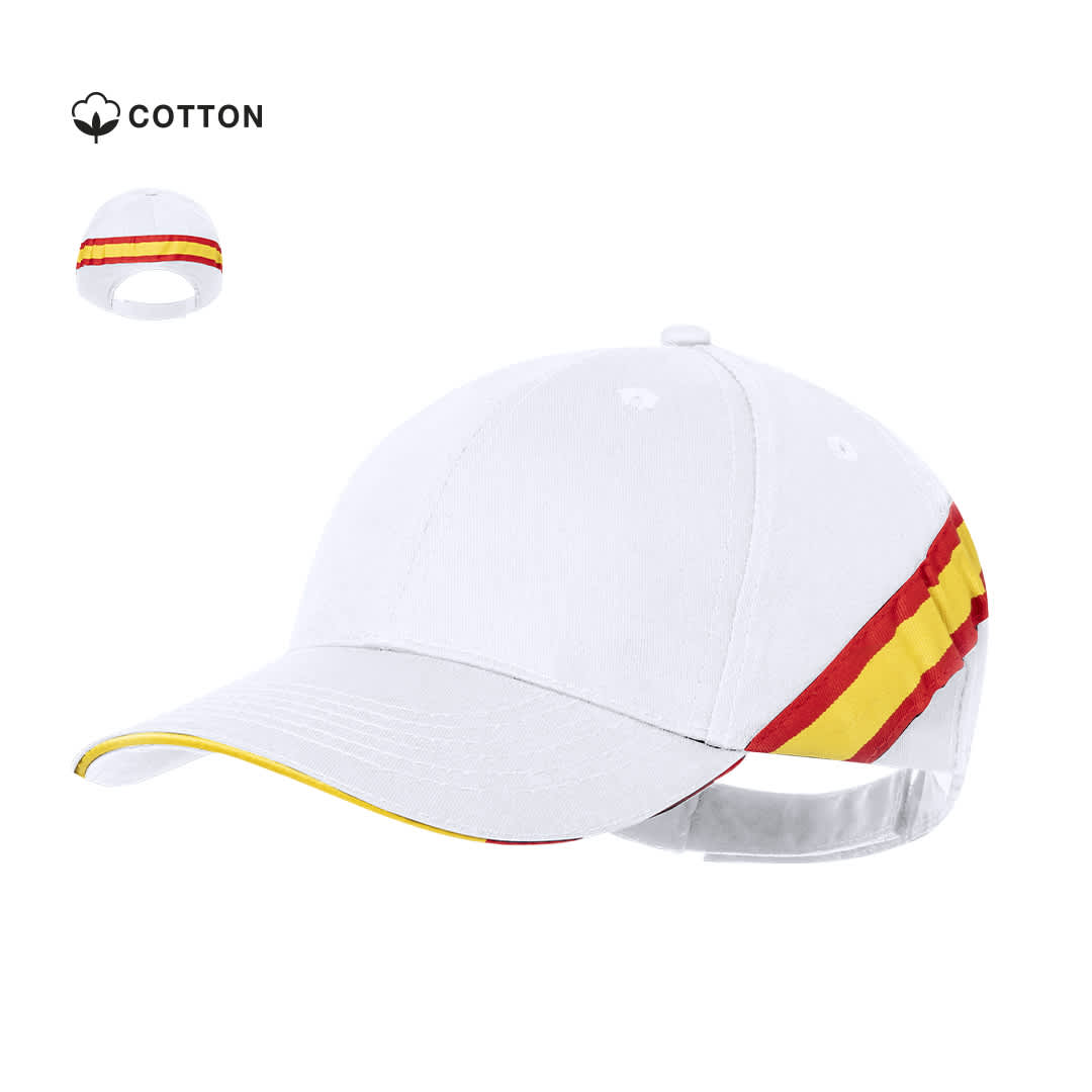 A white cap with red and yellow stripes, featuring a logo and an adjustable strap at the back. Iberia Cap - Image 1