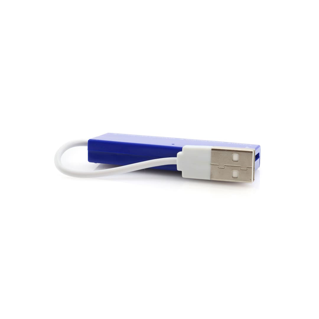 A blue card reader with a white USB connector, designed for transferring data between devices. Hades Card Reader - Image 1