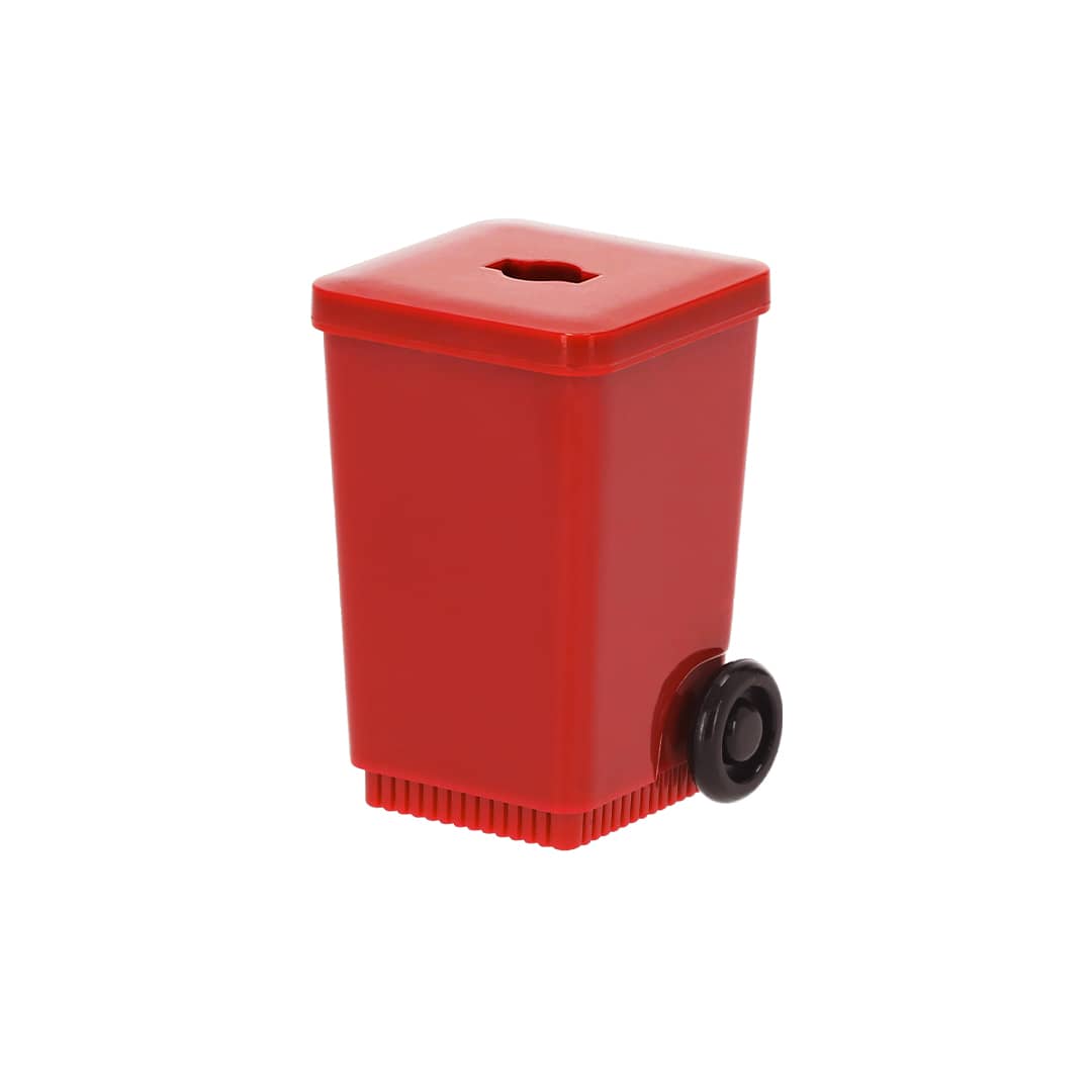 A red pencil sharpener resembling a small bin with a black wheel and an opening on top. It features a logo. Longi Sharpener - Image 1