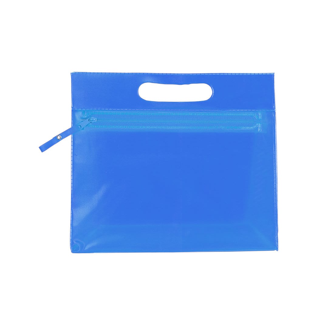 A blue toiletry bag with a handle and a zippered pocket on the front. It has a transparent design and no visible branding. Fergi Beauty Bag - Image 1