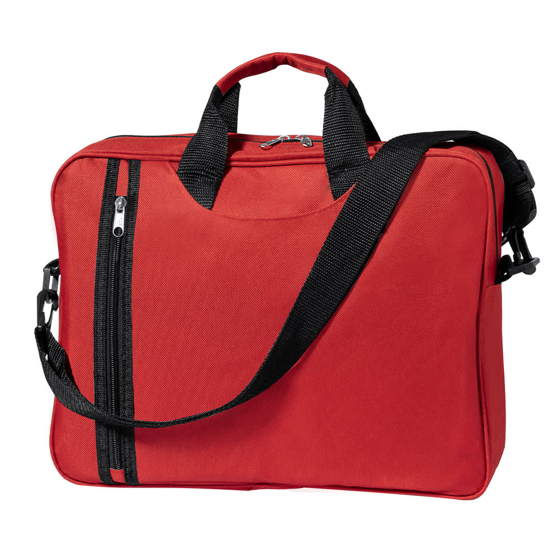 A red document bag with a shoulder strap, featuring zippered compartments and two top handles. Amazon Document Bag - Image 1