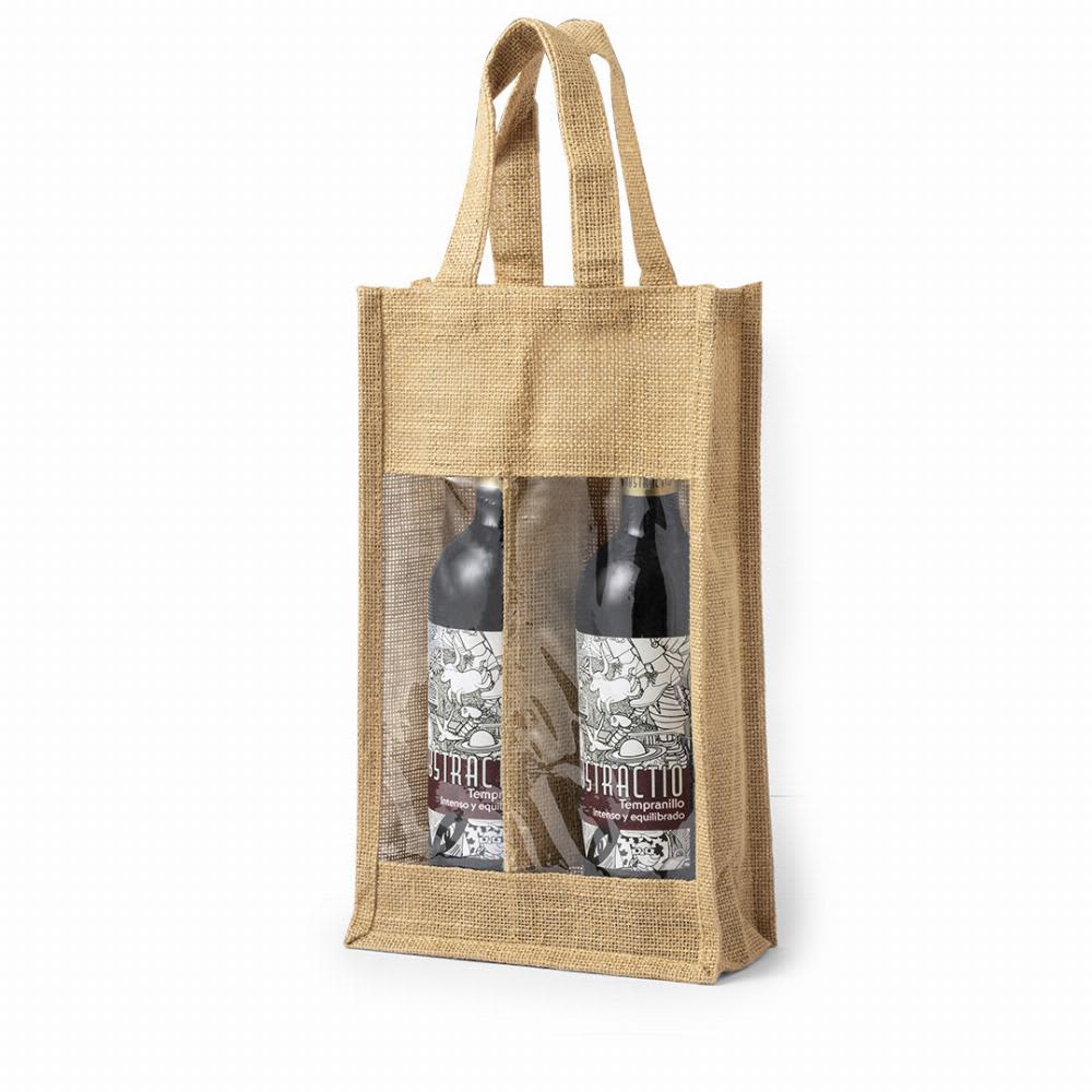 A jute wine tote featuring two compartments for bottles, showcasing a natural brown colour and transparent panels. Koop - Image 1