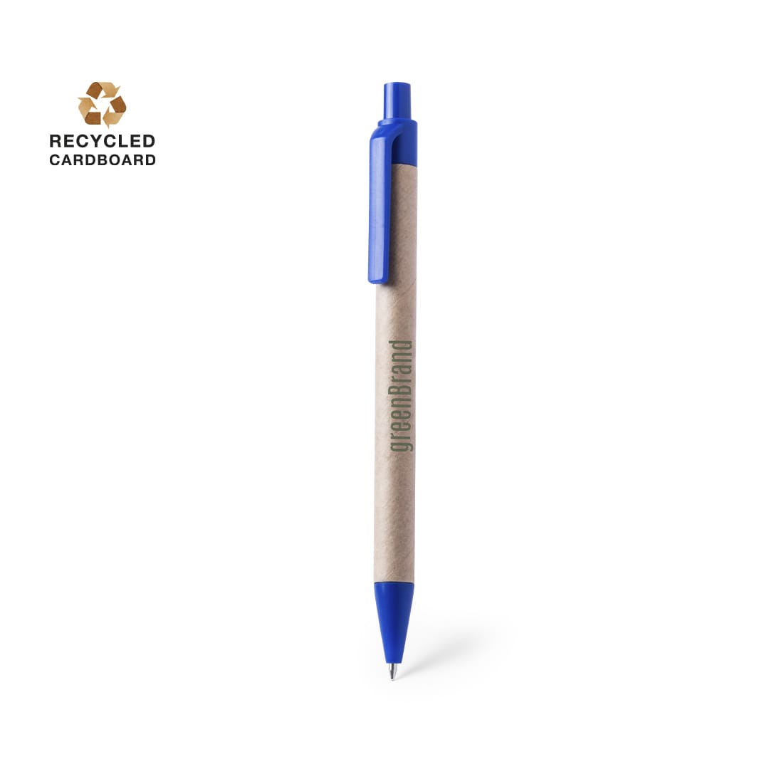 A blue pen with a recycled cardboard body and a clip, featuring a logo on the barrel. Tori Pen - Image 1