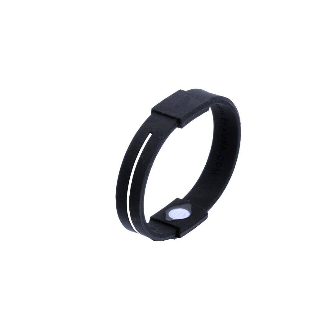 A black silicone wristband with a small white detail, featuring a logo on the interior. Energy Bracelet - Image 1