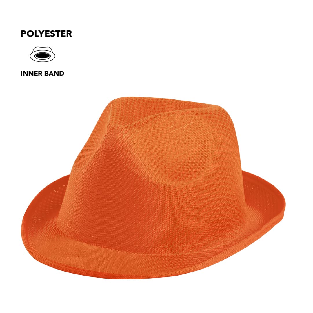 An orange brimmed hat with a textured design, made from polyester, featuring an inner band and a logo. Braz Hat - Image 1