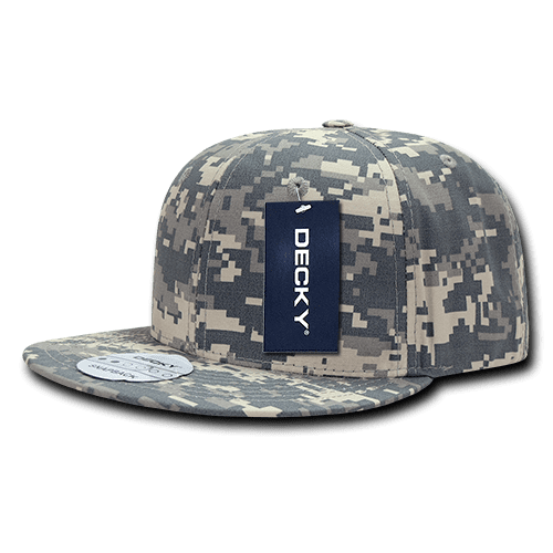 A structured snapback cap in a digital camo pattern, featuring a logo on a tag attached to the front. 6 Panel High Profile Structured Snapback - Image 1