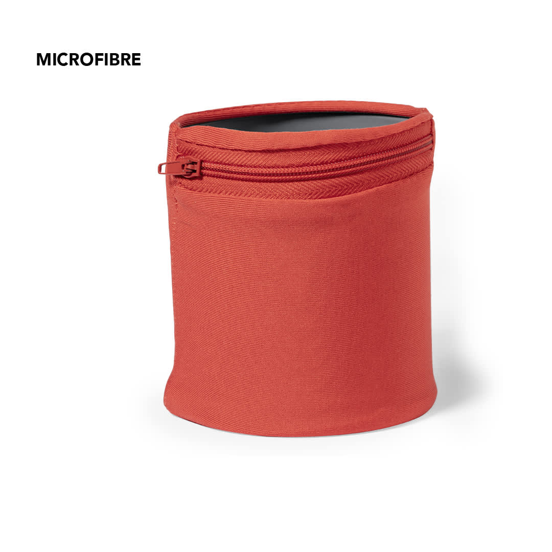 A red microfibre pouch with a zip closure, featuring a soft texture and cylindrical shape. Oakley Wristband - Image 1