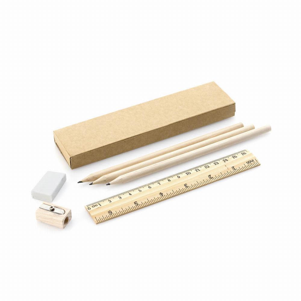 A stationary set featuring two wooden pencils, a ruler, an eraser, and a sharpener, all neatly packaged in a kraft box. Dony - Image 1