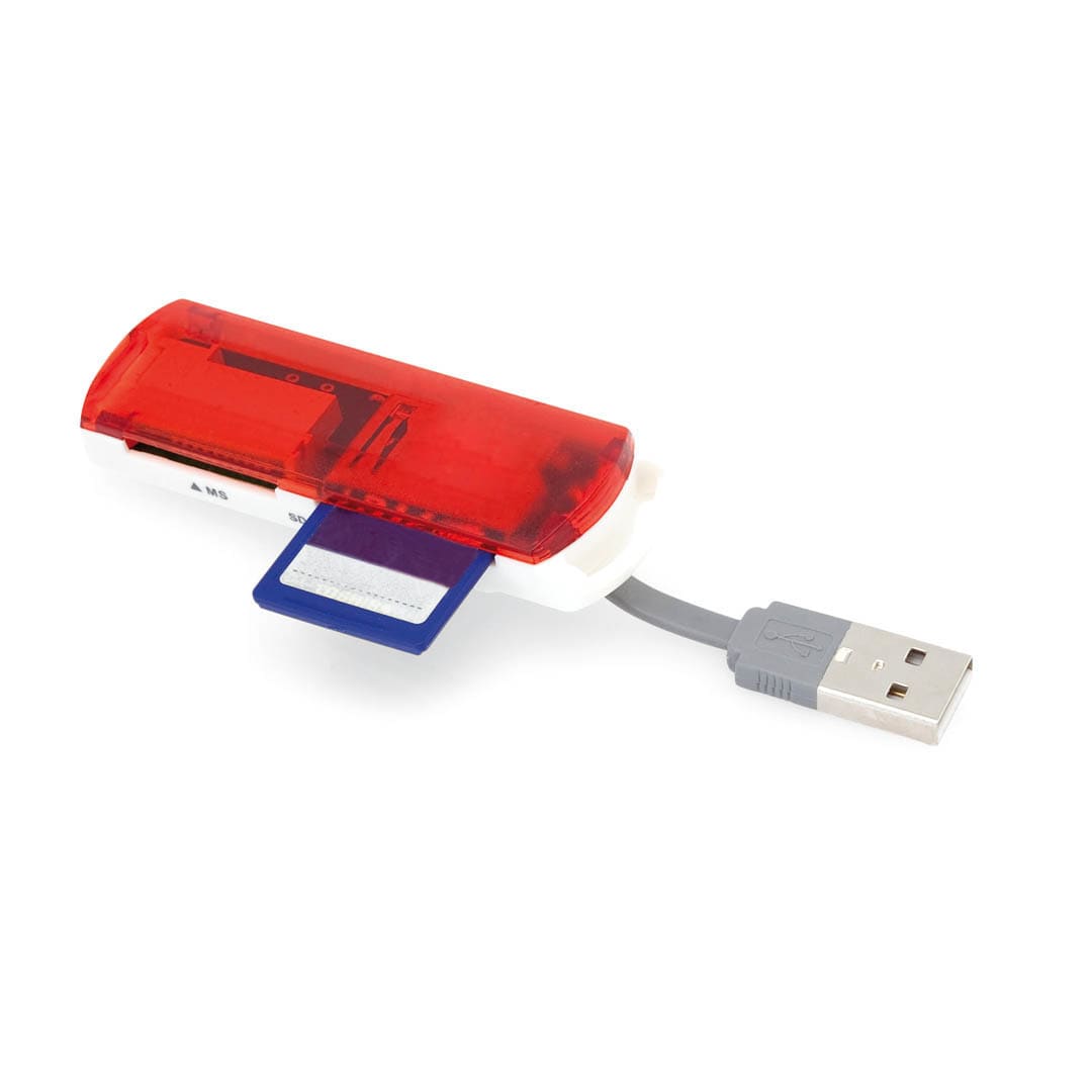 A red card reader with a blue memory card inserted and a grey USB cable. It features a logo. Dira Card Reader - Image 1