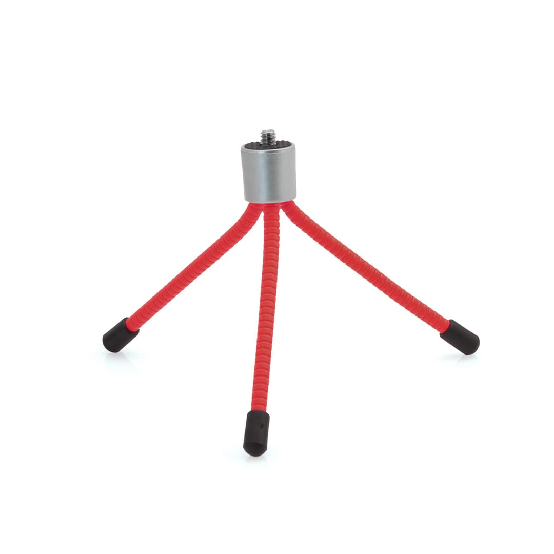 A red tripod with flexible legs and a silver mount at the top, featuring black rubber feet. Kyan Universal Tripod - Image 1