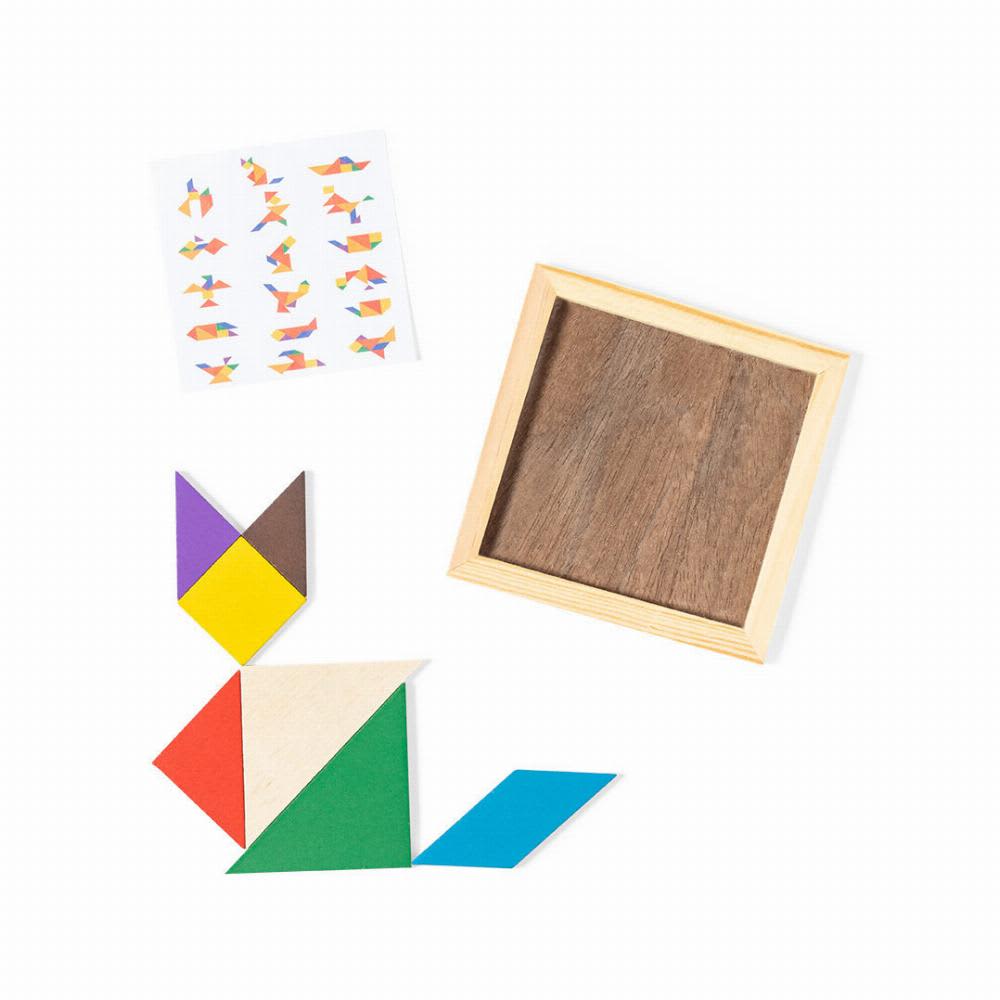 A wooden box with colourful tangram pieces in various shapes, including yellow, green, purple, and red. A patterned card is included. Tangram - Image 1