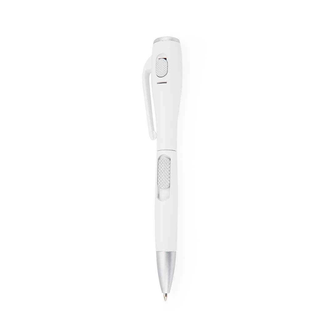 A white pen torch with a silver accent and a textured grip. It features a button for illumination and has a logo. Senter Pen Torch - Image 1