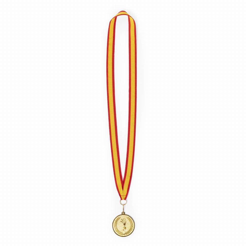 A gold medal with a ribbon featuring red and yellow stripes, hanging from a loop. Corum - Image 1