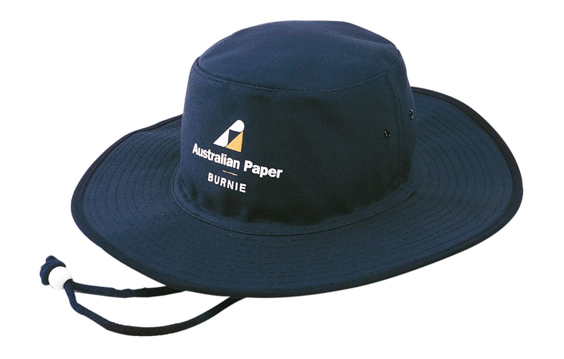 A navy canvas hat with a wide brim, featuring a logo on the front and an adjustable chin strap. Canvas Hat - Image 1