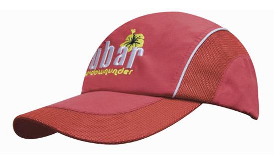 A red cap with mesh side panels, featuring a logo and a structured peak. Spring Woven Fabric with Mesh to Side Panels and Peak - Image 1