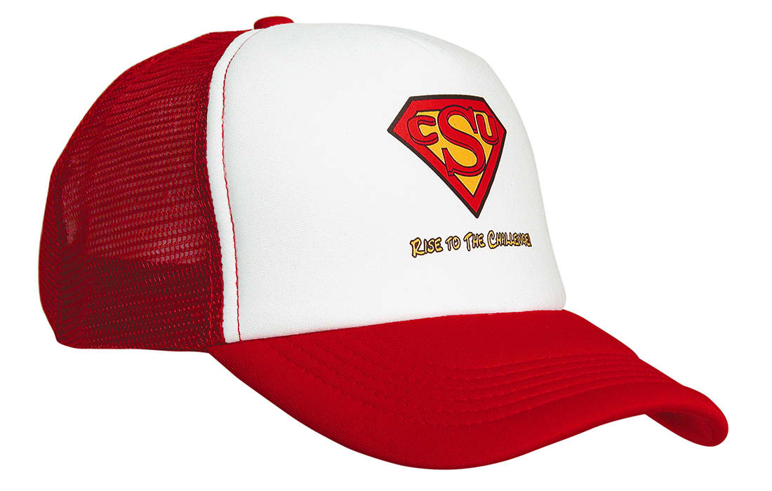 A red and white truckers mesh cap featuring a logo and a graphic on the front. Truckers Mesh Cap - Image 1